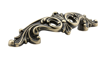 Bronze vintage style handle isolated on black. Ornamental metalwork shines for furniture, decor, design templates.