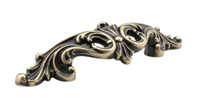 Bronze vintage style handle isolated on black. Ornamental metalwork shines for furniture, decor, design templates.