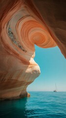 Towering swirling rock formation emerges from turquoise ocean waters under blue sky illustration