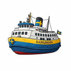 Fototapeta premium A cartoon illustration of the Djurgården ferry, a blue and yellow passenger boat with Swedish flags.
