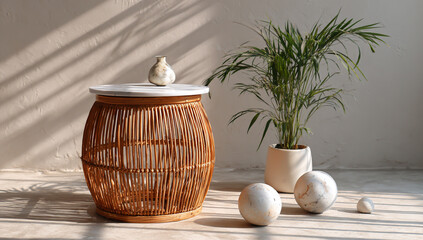 Wicker stool with marble top and plant in a pot, indoor decor