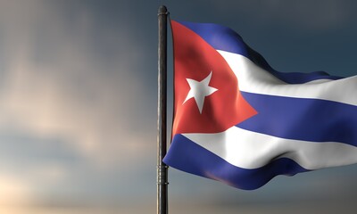 Cuban Flag in the Wind: A vibrant Cuban flag billows proudly against a dramatic, cloud-filled sky, symbolizing national pride and independence. The close-up shot captures every detail of the emblem.