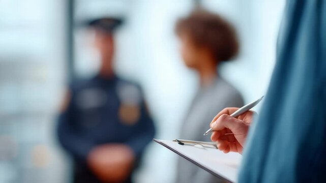 Immigration officer writes on a clipboard while standing near a blurred protester and police officer, capturing the tension of immigration raids and civil unrest
