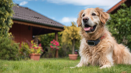 Golden retriever resting on verdant lawn, wearing gps tracker, basking in sunlight within lush garden landscape near comfortable home