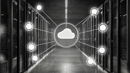 Futuristic Server Room with Cloud Network Visualization and Data Connections. - Powered by Adobe