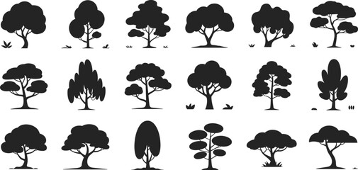 Set of tree silhouettes isolated on white background, various nature elements, forest trees collection, vector illustration, ecology, landscape, environment design