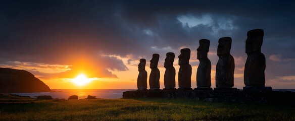 The majestic moai statues tower along Easter Island’s rugged coastline during vibrant sunset.