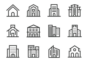 Fototapeta premium Diverse Building Icons for Finance, Real Estate & Market Insights
