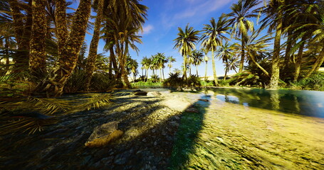 Obraz premium A vibrant tropical setting features tall palm trees surrounding a calm river. The sun illuminates the landscape, creating striking reflections on the waters surface.