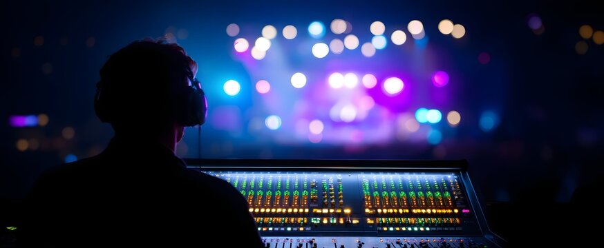 The mixing console is fine-tuned amid vibrant live concert lighting effects. - Powered by Adobe