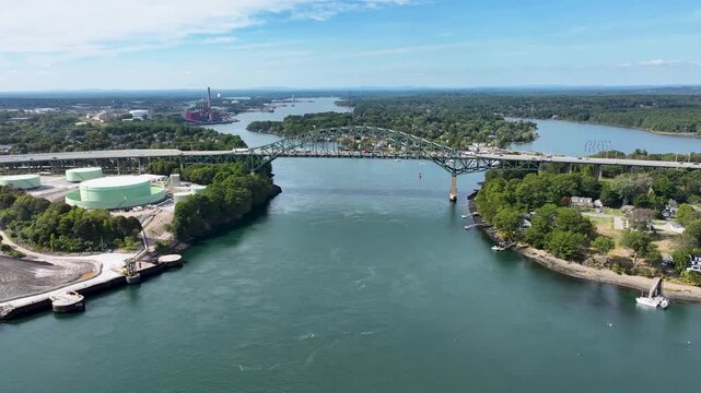 Aerial view of the Piscataqua River Bridge carrying Interstate 95 across the wide river between New Hampshire and Maine.