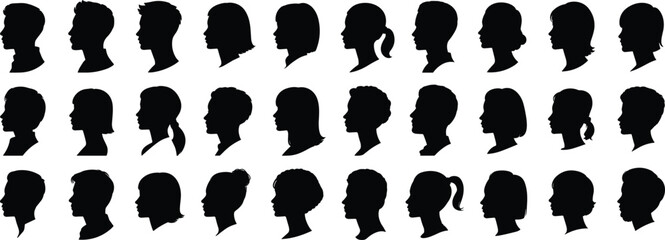 Silhouette profiles collection, diverse people faces, male and female heads, variety hairstyles, side view portraits, human profiles set, black and white, vector silhouettes, 