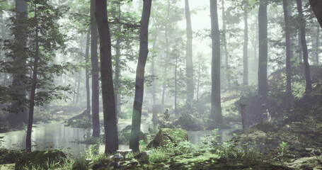 A tranquil forest features towering trees enveloped in mist, with soft light filtering through the leaves. A calm water body reflects the lush green surroundings, creating a peaceful atmosphere.