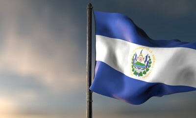 El Salvador Flag Waving in the Breeze: Capturing the spirit of El Salvador, a proud flag billows gracefully against a vivid sky. This stunning image of national identity and pride. 