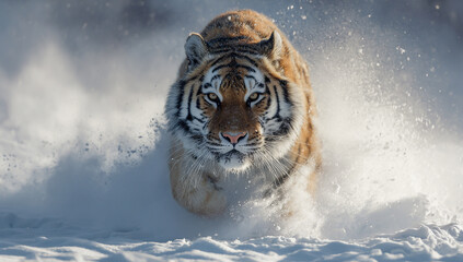 Tiger running through snow, kicking up snow with its paws