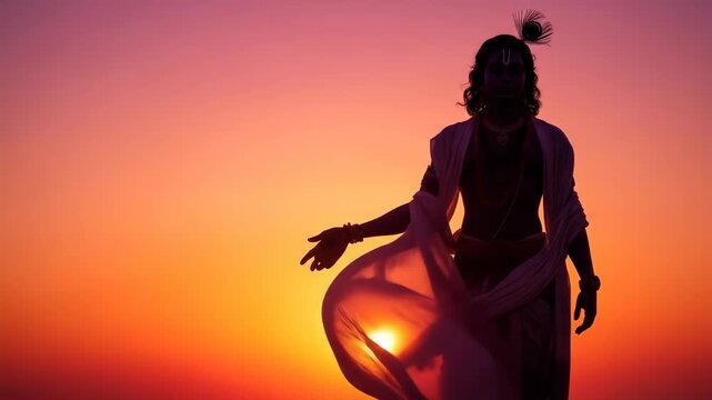 Majestic lord krishna silhouette at vibrant sunset embodying devotion and spirituality for janmashtami govardhan puja and diwali festivals