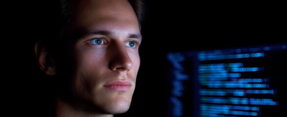 The focused technologist diligently analyzes complex code on a glowing computer screen.