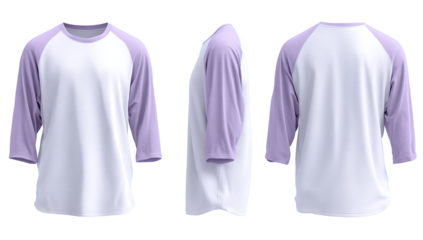 Three-view, white 3/4 sleeve t-shirt with lavender accents