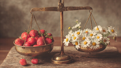 Strawberries and daisies balanced on a vintage scale