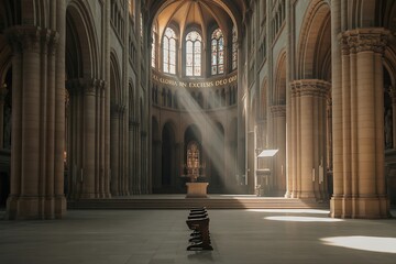 Obraz premium Inspirational sunbeams streaming through stained glass windows inside a majestic church create a peaceful sanctuary for reflection and faith