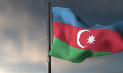 Azerbaijan Flag: The national flag of Azerbaijan flutters majestically against a cloudy backdrop, a symbol of pride, history, and the spirit of the nation.