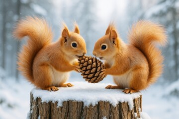 Two cute red squirrels holding pine cone on snowy tree stump with soft light, forest background, and playful winter wildlife concept. Ai generative