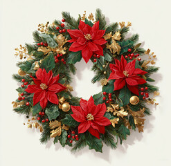 Festive christmas wreath with red poinsettias and gold accents isolated on white background