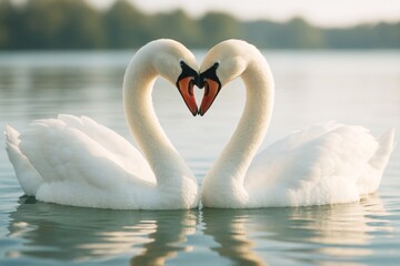Obraz premium Two elegant white swans forming a heart shape with their necks on a calm lake during golden light with soft forest background. Ai generative. Ai generative