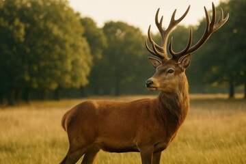 Majestic stag with large antlers standing alert in golden field during warm sunset light, forest background enhances wildlife concept calmness. Ai generative