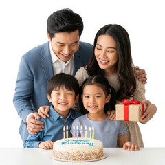 Happy asian family celebrating birthday with cake and gift isolated on transparent background