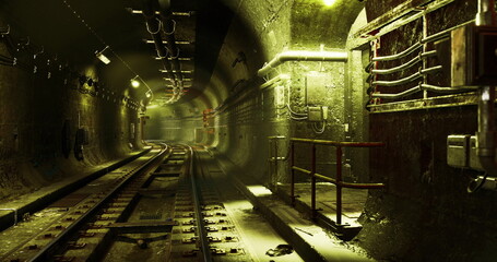 An underground tunnel showcases metal tracks stretching into the distance, illuminated by sparse lighting. Graffiti and worn infrastructure hint at long years of use in a bustling city.