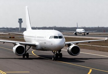 Commercial passenger airplanes taxiing on runway at airport with control tower, daytime aviation traffic and transportation infrastructure