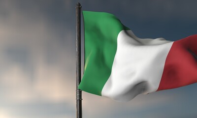 Italian Flag in the Breeze: A vibrant Italian flag billows gracefully against a dramatic sky, capturing the essence of national pride and identity.