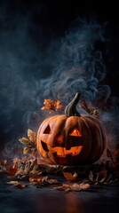 Carved Pumpkin Smiling Face Surrounded Autumn Leaves Emitting Smoke Dark Misty Background