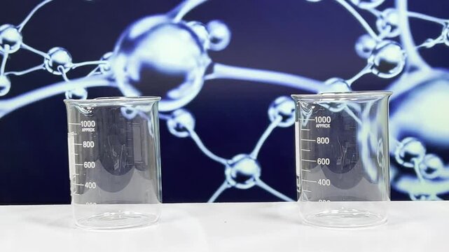 Two empty glass beakers in a laboratory setting with scientific molecular structure background, clear measurement markings visible, high-quality science stock footage