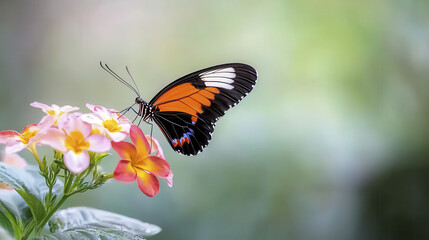 Fototapeta premium Vibrant butterfly perched colorful flowers, showcasing intricate patterns and vivid colors. scene evokes sense of tranquility