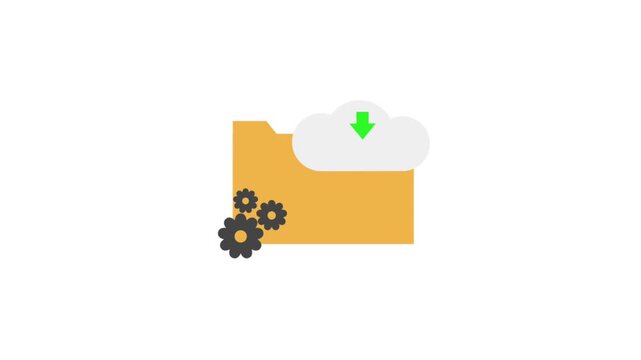 2D flat animation icon of downloading process from cloud storage to folder , loading and processing data concept.