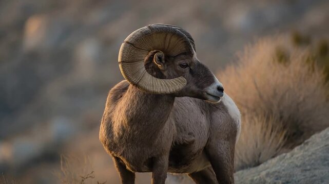 Majestic Big Horn Sheep with Imposing Curved Horns in Golden Hour Light.