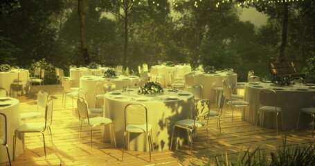 Tables are elegantly arranged with white cloths and floral centerpieces in a serene garden. Soft lighting enhances the romantic atmosphere as dusk settles. Guests will enjoy a beautiful evening.