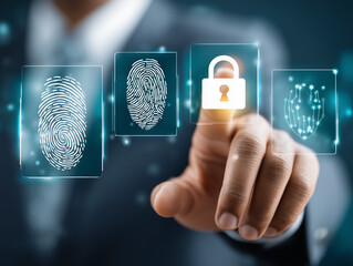 Businessman activating digital lock with fingerprint scanner, ensuring cybersecurity and data protection through biometric authentication