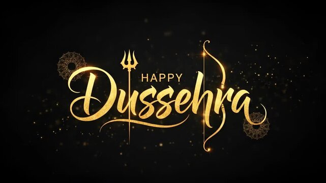 Auspicious happy dussehra celebration golden script trishul and bow arrow symbols on elegant black festival background