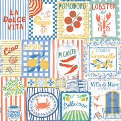 Obraz na płótnie Canvas Italian summer posters collage seamless pattern. Mediterranean vacation mosaic print. Cute Dolce vita wallpaper. Lettering, text Lobster club, tomato, lemon. Vector patchwork background textile design
