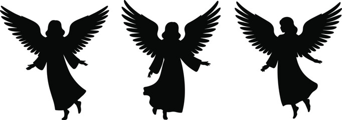 Silhouette three angels flying, angelic figures with wings, spiritual heavenly beings, divine protectors, black vector design, religious symbols, celestial grace, faith and hope concept