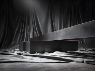 A large saw blade rests on dark blocks under draped fabric