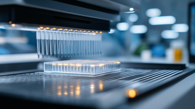 Microplate readers scan assays in a drug discovery lab with lights flashing plates inserted absorbance data plotting and researchers analyzing curves presented in a analytical