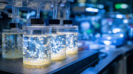 A team grows gene edited yeast in a fermentation suite with bioreactors bubbling pH probes monitoring harvest ports ready and agar plates nearby depicted in a bubbling photo
