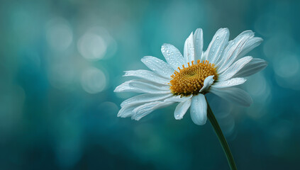 Closeup of a white daisy with water droplets on its petals