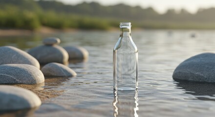 Empty Glass Bottle in Water with Rocks, Serene Scene