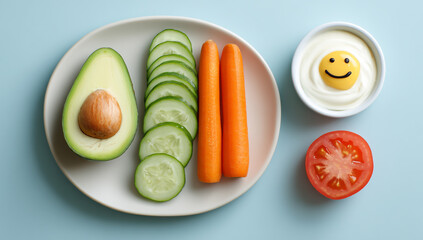 Healthy baby food with avocado, cucumber, carrots, tomato and yogurt