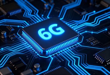 6g chip on motherboard with glowing blue circuit lines for next generation wireless technology and high speed connectivity concept in macro closeup